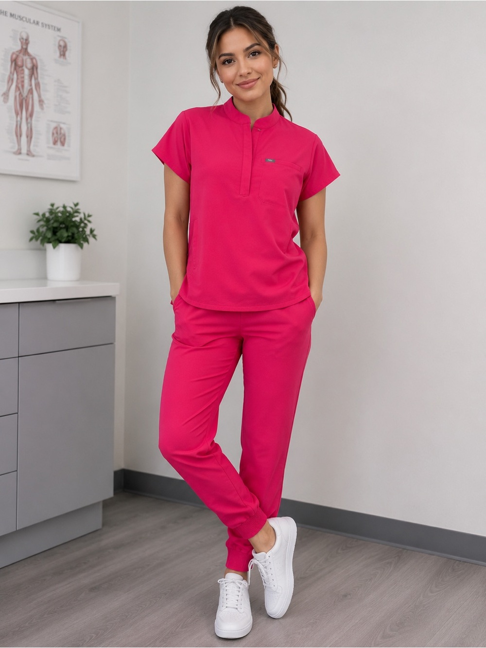 FIGS Hot Pink Scrub Top with Pocket Accent